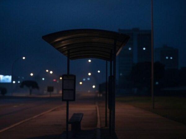 Rua noturna em Brasília com iluminação pública deficiente, expondo negligência em segurança pedestre.