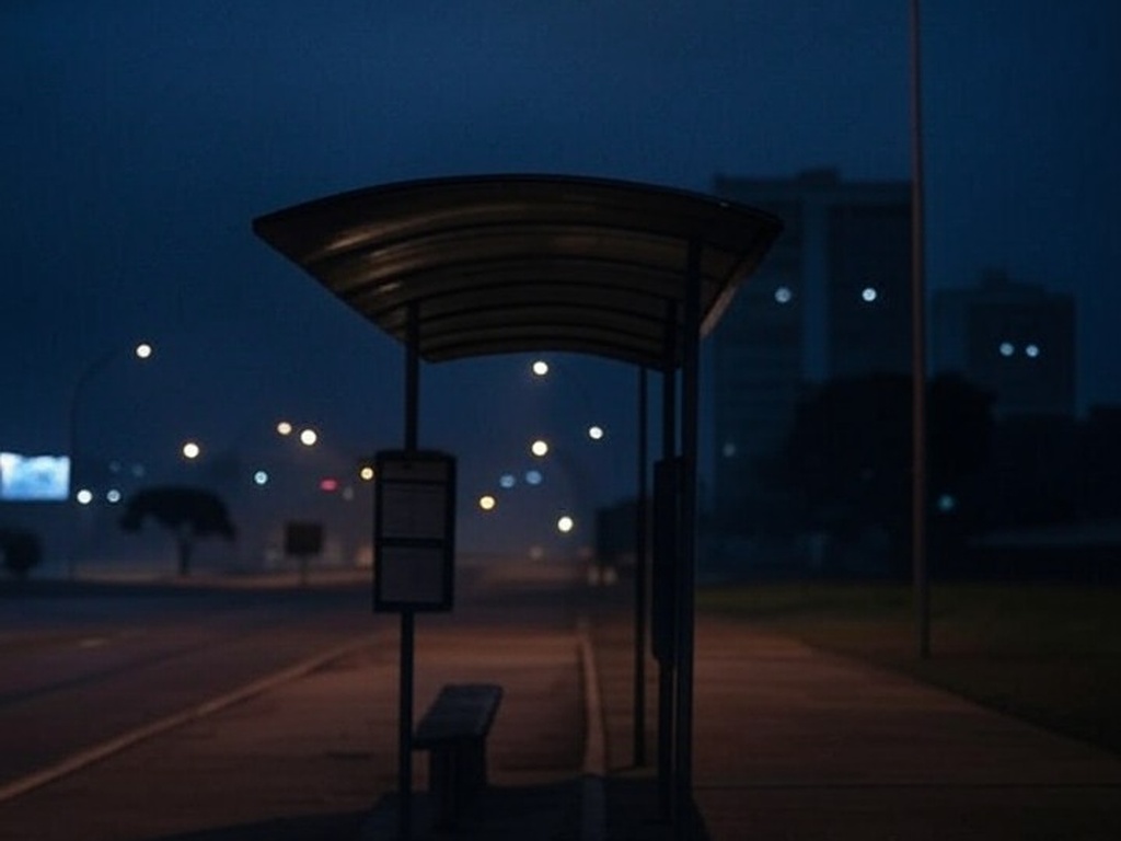 Rua noturna em Brasília com iluminação pública deficiente, expondo negligência em segurança pedestre.