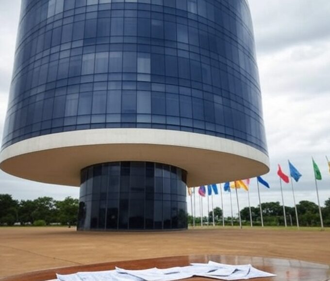 Edifício da secretaria de cultura em Brasília com decorações de carnaval e documentos, sob críticas de opacidade no DF Folia 2026.