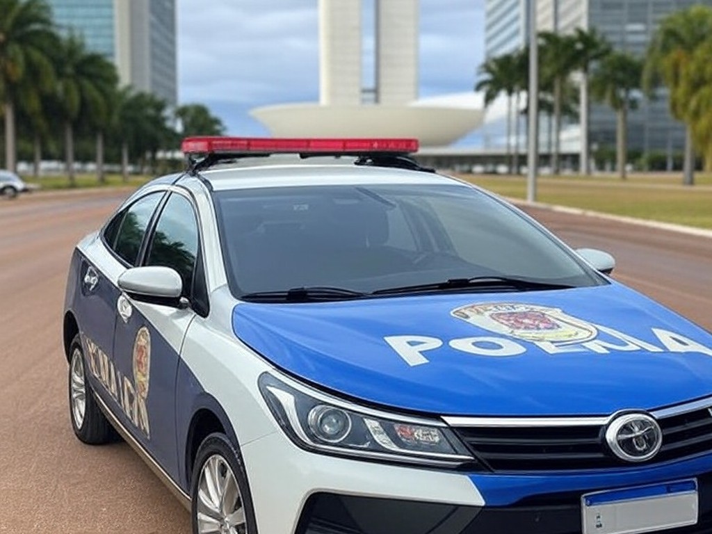 Viatura da Polícia Militar em rua de Brasília, com Congresso Nacional ao fundo, representando estagnação em homicídios no DF.
