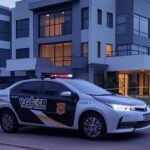 Cena de crime em residência no Guará, Brasília, com fita de isolamento e viatura policial, destacando violência doméstica.