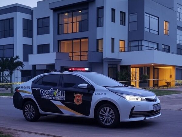 Cena de crime em residência no Guará, Brasília, com fita de isolamento e viatura policial, destacando violência doméstica.