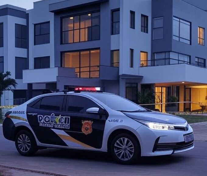 Cena de crime em residência no Guará, Brasília, com fita de isolamento e viatura policial, destacando violência doméstica.