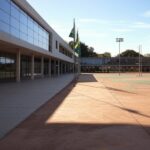 Escola pública em Brasília com bandeiras do Brasil, representando vagas voluntárias para educadores sociais.