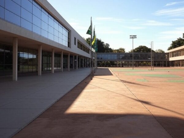 Escola pública em Brasília com bandeiras do Brasil, representando vagas voluntárias para educadores sociais.