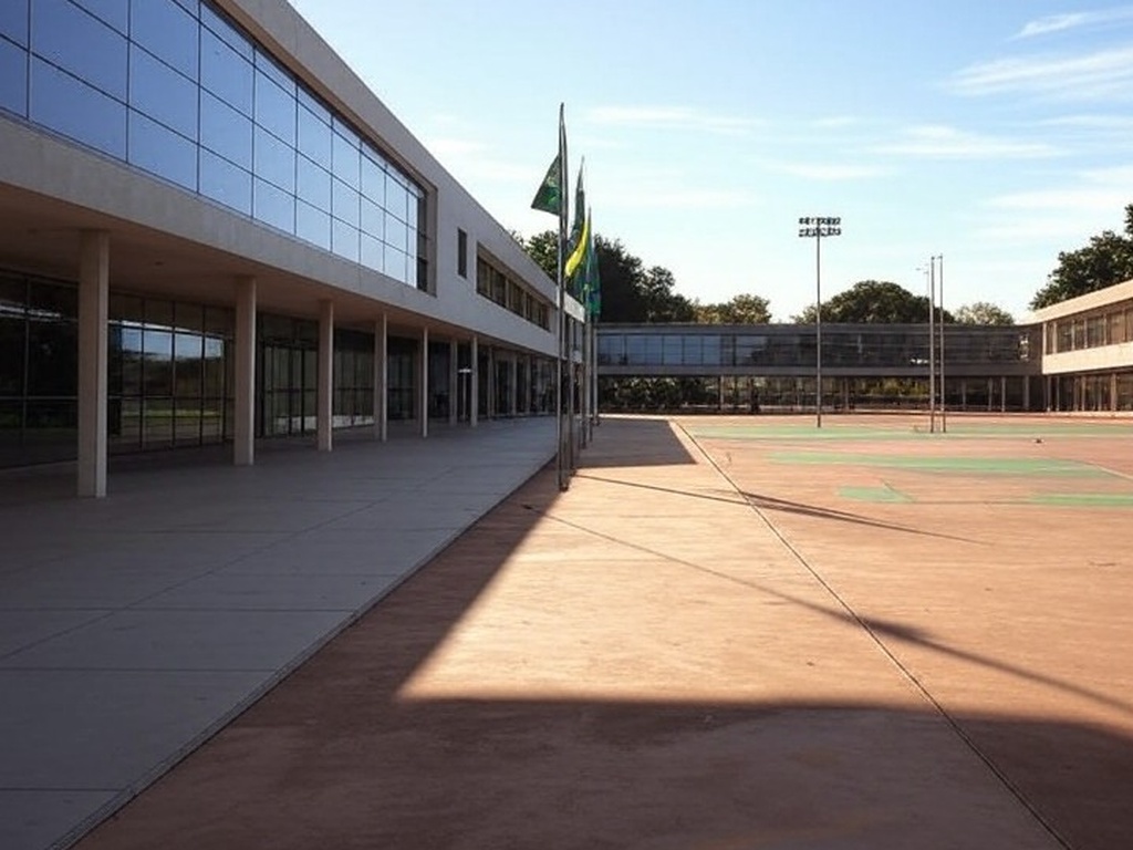 Escola pública em Brasília com bandeiras do Brasil, representando vagas voluntárias para educadores sociais.