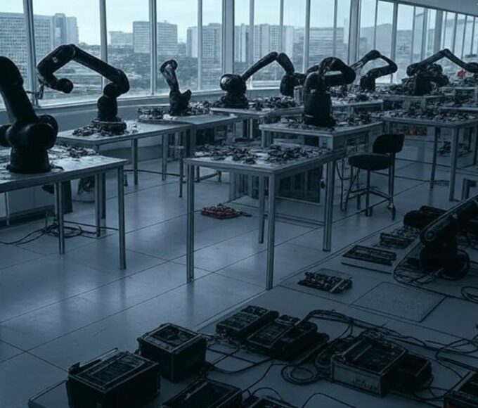 Laboratório de robótica vazio em Brasília, com equipamentos inativos, representando lei aprovada com dúvidas sobre efetividade.
