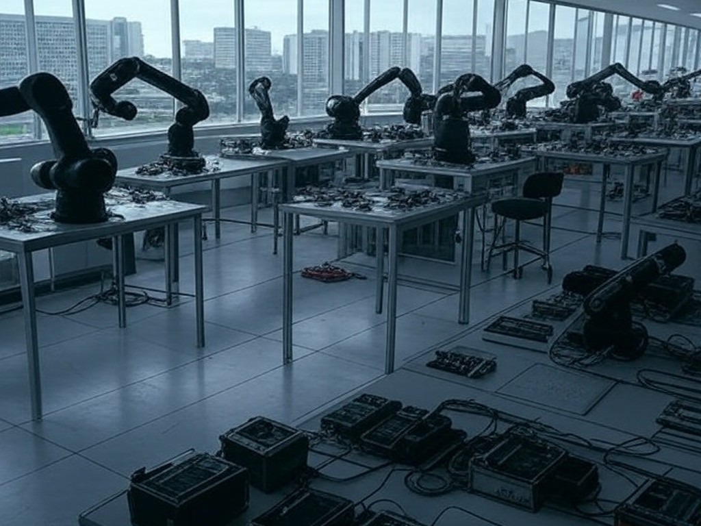 Laboratório de robótica vazio em Brasília, com equipamentos inativos, representando lei aprovada com dúvidas sobre efetividade.