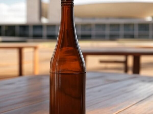 Garrafa de cachaça artesanal com arquitetura de Brasília ao fundo, representando potencial econômico ignorado pelo governo federal.