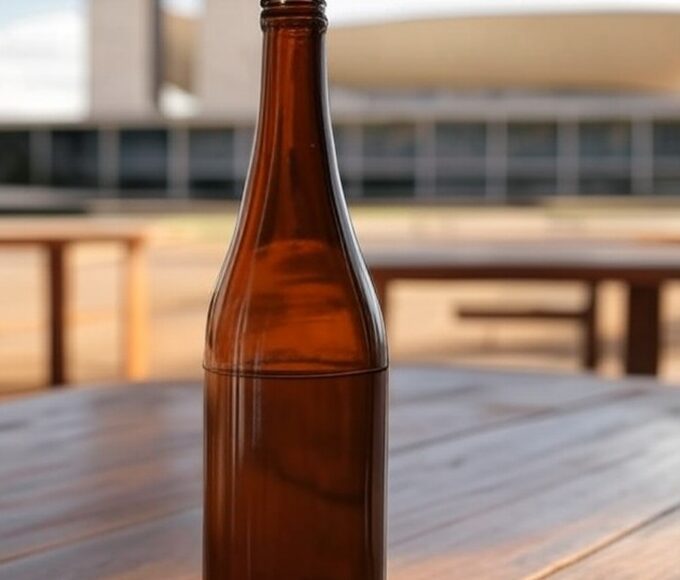 Garrafa de cachaça artesanal com arquitetura de Brasília ao fundo, representando potencial econômico ignorado pelo governo federal.