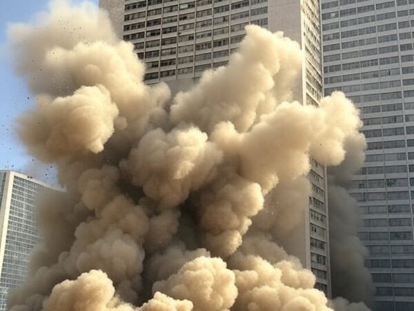Nuvem de poeira durante implosão de edifício em Brasília, alertando para riscos ambientais.