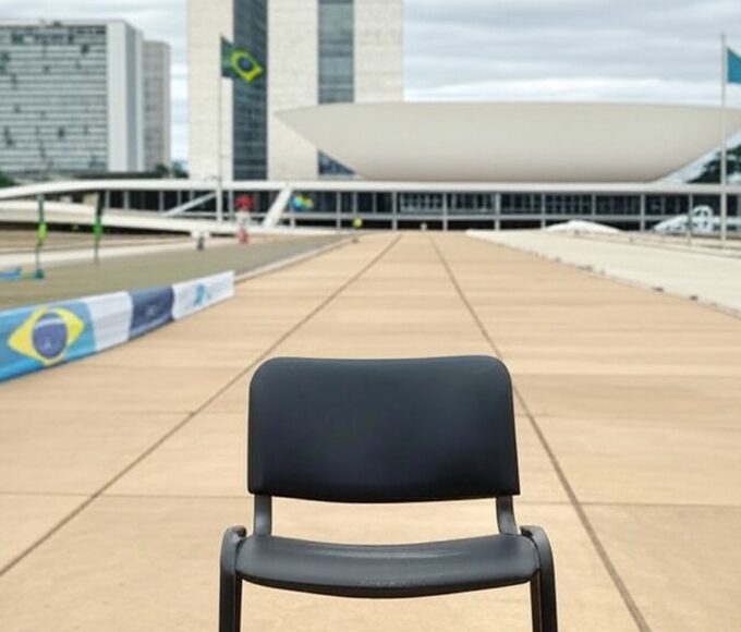Reunião política em Brasília com Congresso Nacional e cadeiras vazias, expondo divisões na direita.