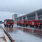 Rua alagada em Brasília com veículos de bombeiros do DF atendendo ocorrências de chuvas intensas, revelando falhas na infraestrutura.