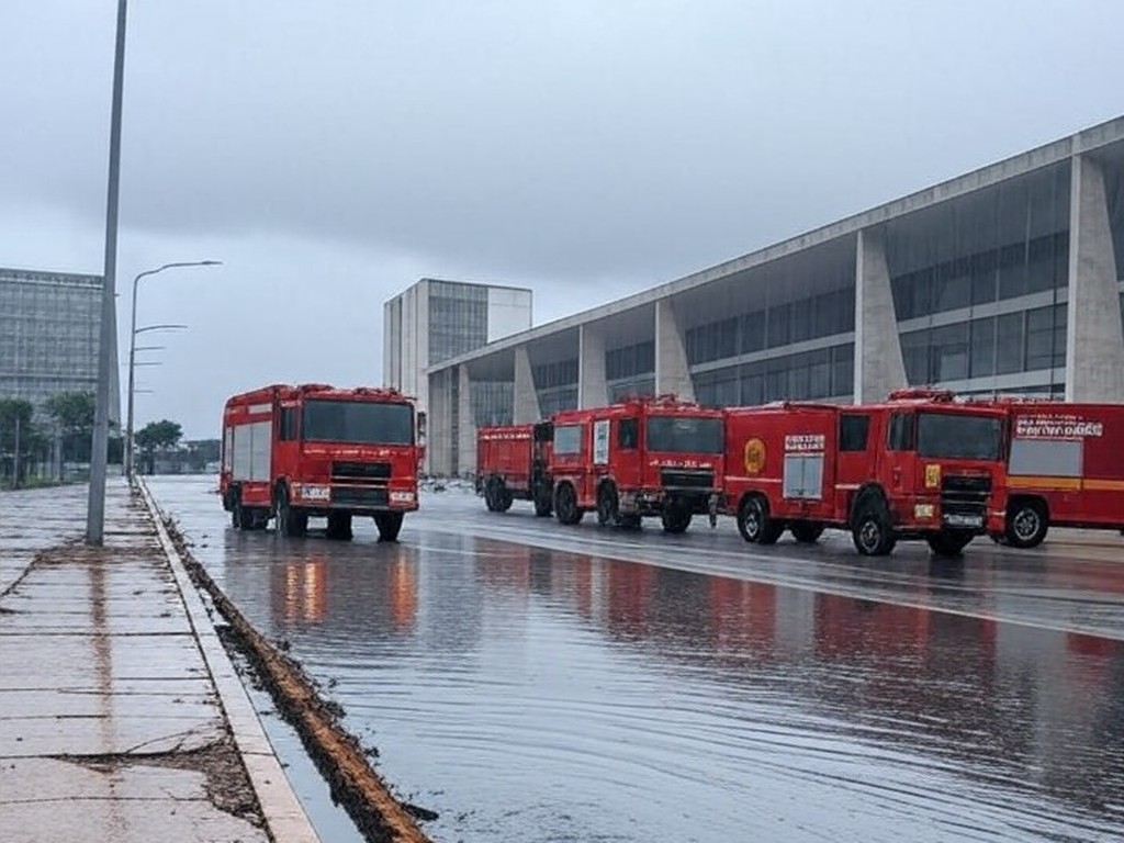 Rua alagada em Brasília com veículos de bombeiros do DF atendendo ocorrências de chuvas intensas, revelando falhas na infraestrutura.