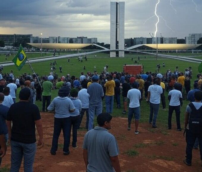 Manifestação em Brasília com tempestade e raios, simbolizando sobrevivência e exílio político.