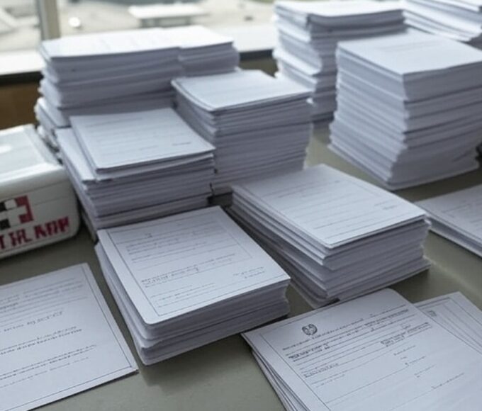 Mesa com documentos de concursos e kit de primeiros socorros, representando lei da CLDF que agrava burocracia no DF.