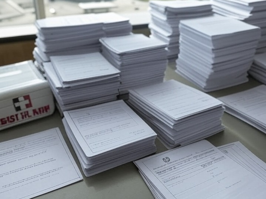 Mesa com documentos de concursos e kit de primeiros socorros, representando lei da CLDF que agrava burocracia no DF.