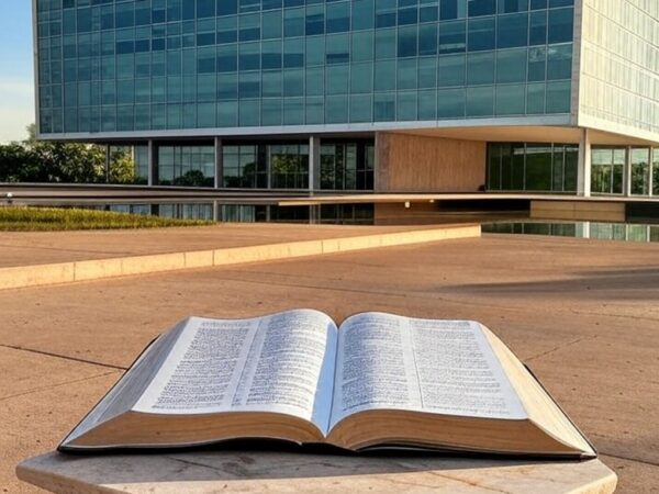 Fachada da CLDF em Brasília com Bíblia aberta, simbolizando reconhecimento como patrimônio e debate sobre laicidade do Estado.