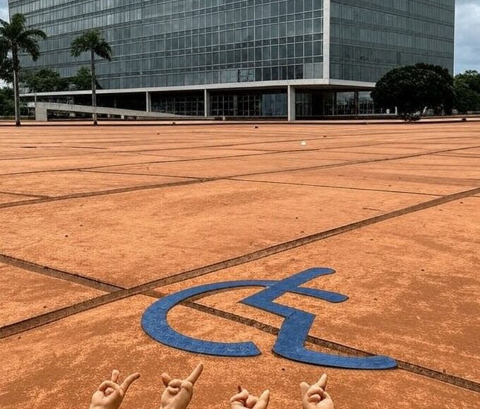 Edifício da Câmara Legislativa do DF com símbolos de Libras, representando reconhecimento após negligência.