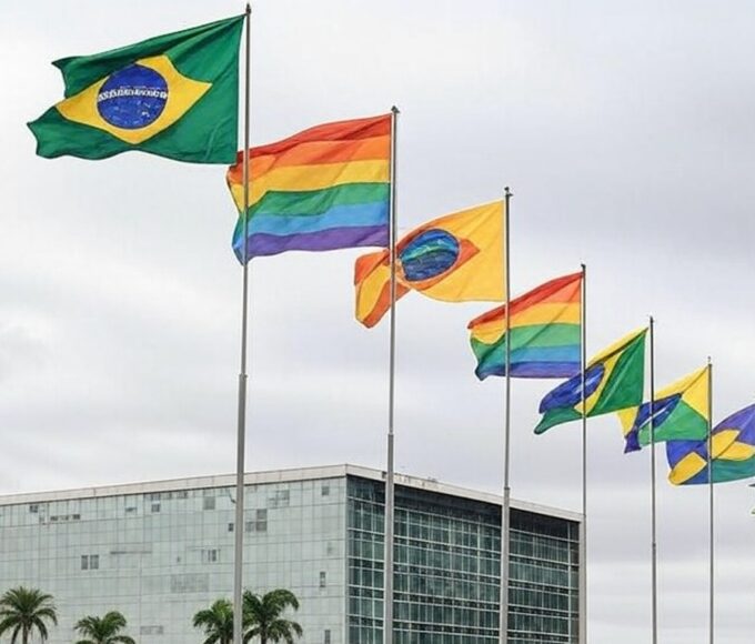 Fachada da Câmara Legislativa do DF em Brasília sob céu nublado, com bandeiras arco-íris, representando anúncio de programa com críticas ao apoio LGBTQIAPN+.