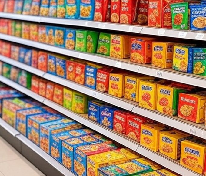 Prateleiras de supermercado em Brasília cheias de alimentos ultraprocessados como salgadinhos e refrigerantes.