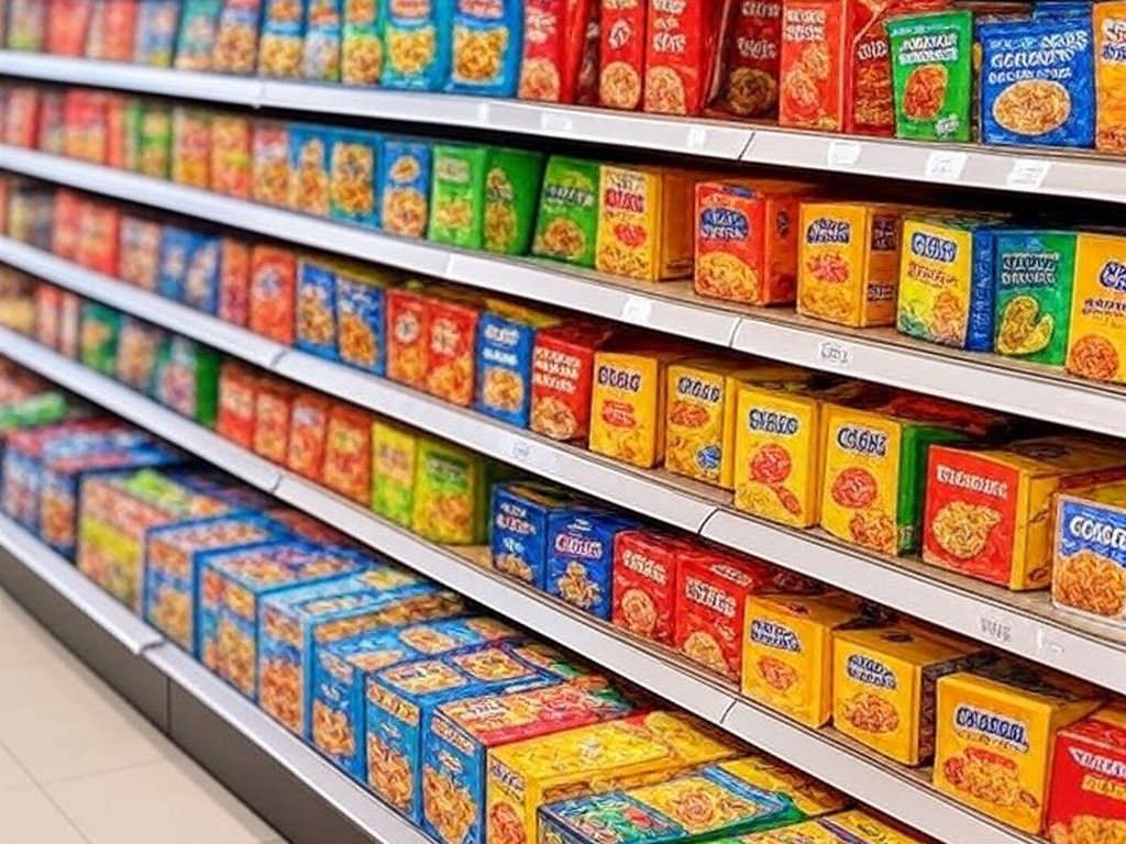 Prateleiras de supermercado em Brasília cheias de alimentos ultraprocessados como salgadinhos e refrigerantes.