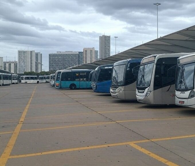 Estação de ônibus em Brasília com veículos parados, ilustrando atrasos no transporte público do DF.