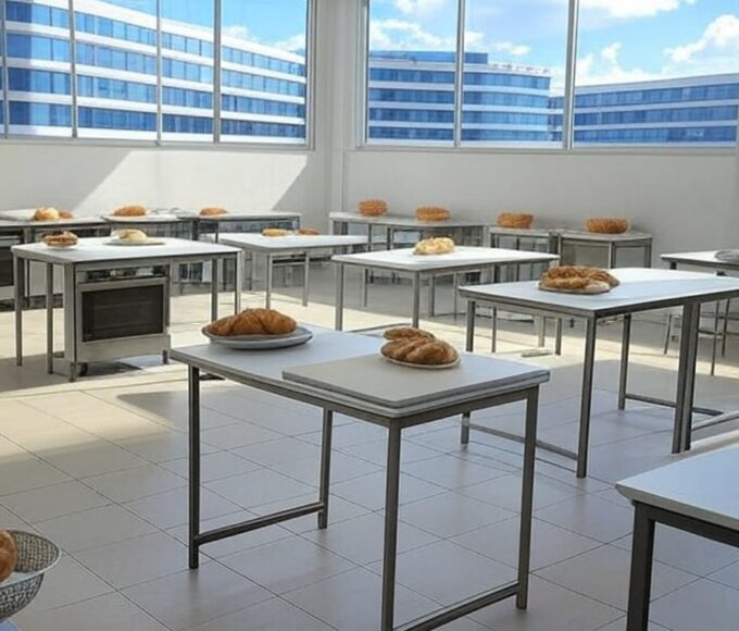 Sala de aula vazia com equipamentos de panificação e gastronomia em centro de capacitação no DF, representando vagas limitadas em cursos gratuitos da Sedet-DF.
