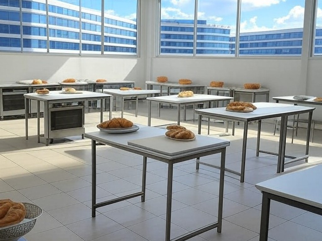 Sala de aula vazia com equipamentos de panificação e gastronomia em centro de capacitação no DF, representando vagas limitadas em cursos gratuitos da Sedet-DF.