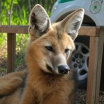 Fêmea de lobo-guará debilitada em galinheiro no DF, com viatura da Polícia Ambiental ao fundo.
