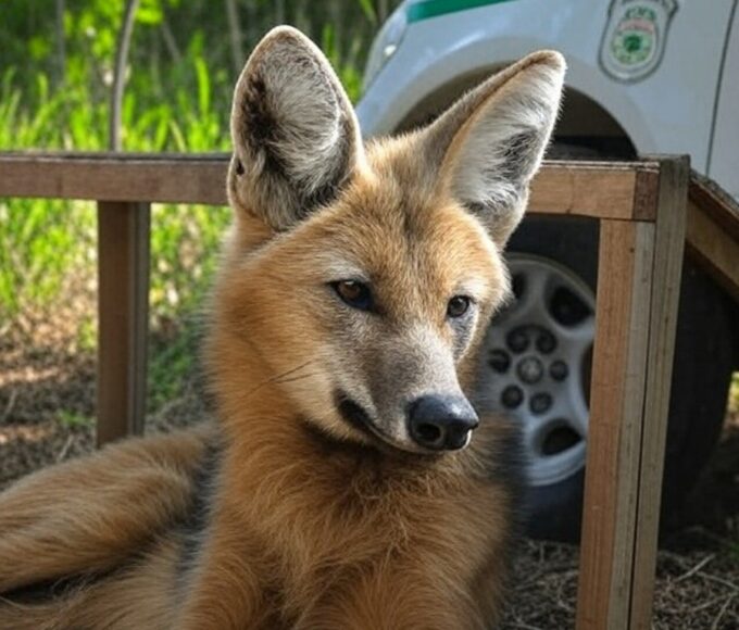 Fêmea de lobo-guará debilitada em galinheiro no DF, com viatura da Polícia Ambiental ao fundo.