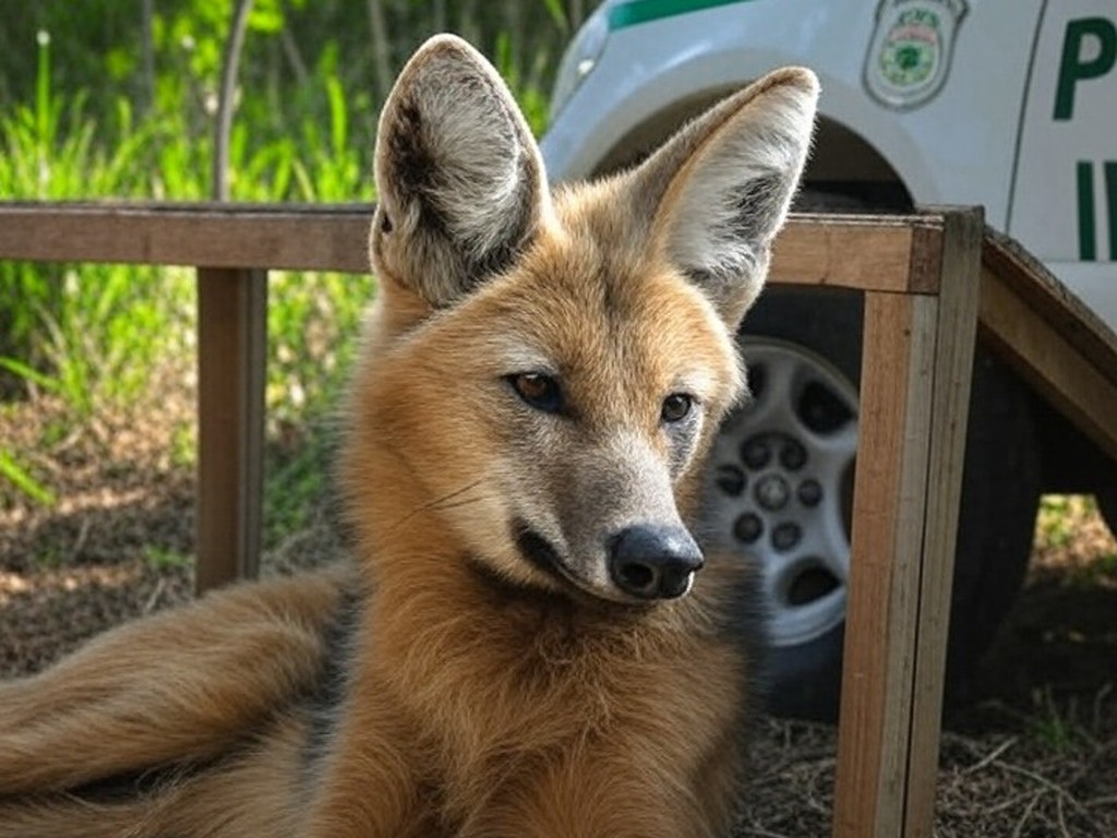 Fêmea de lobo-guará debilitada em galinheiro no DF, com viatura da Polícia Ambiental ao fundo.
