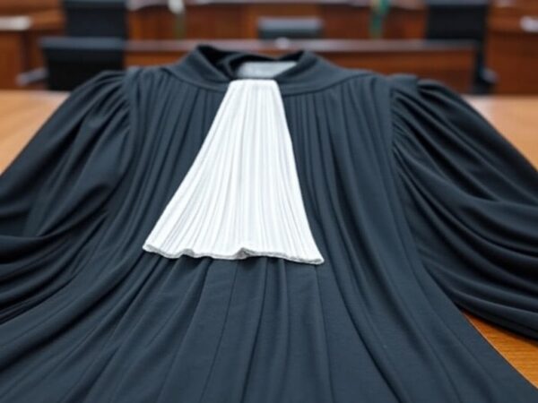 Toga de juiz vazia em tribunal brasileiro, com bandeiras a meio mastro, simbolizando luto pela morte de desembargador.