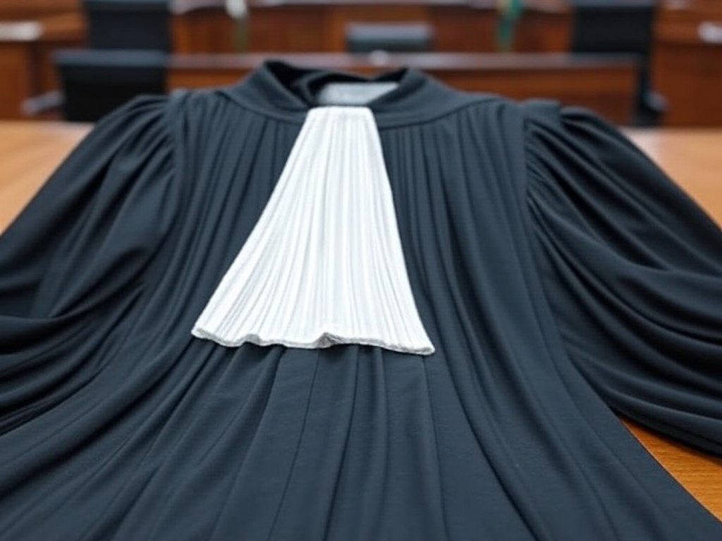 Toga de juiz vazia em tribunal brasileiro, com bandeiras a meio mastro, simbolizando luto pela morte de desembargador.