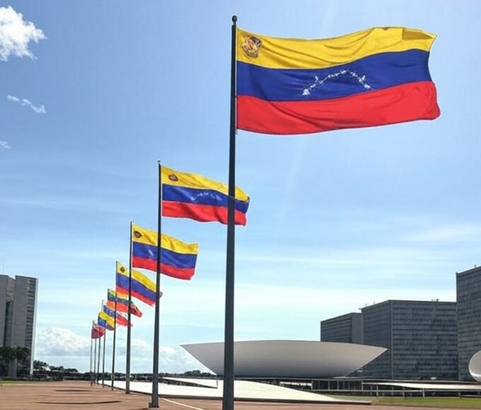 Bandeiras da Venezuela em Brasília simbolizando celebração de exilados pela prisão de Maduro.