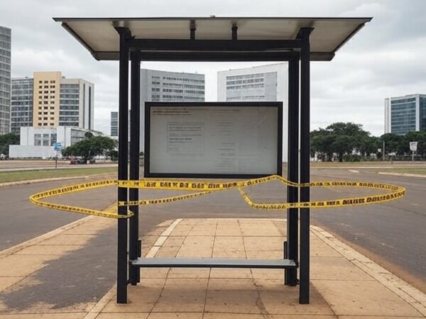 Parada de ônibus vazia no DF com fita de isolamento policial, representando local onde corpo foi encontrado.