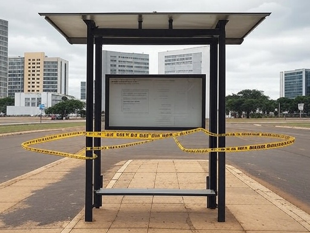 Parada de ônibus vazia no DF com fita de isolamento policial, representando local onde corpo foi encontrado.