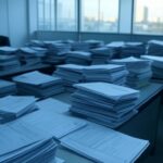 Mesa com documentos de concurso público desorganizados e relógio indicando prazos apertados em escritório em Brasília.