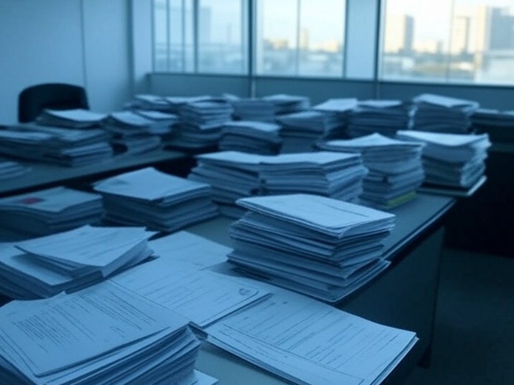 Mesa com documentos de concurso público desorganizados e relógio indicando prazos apertados em escritório em Brasília.