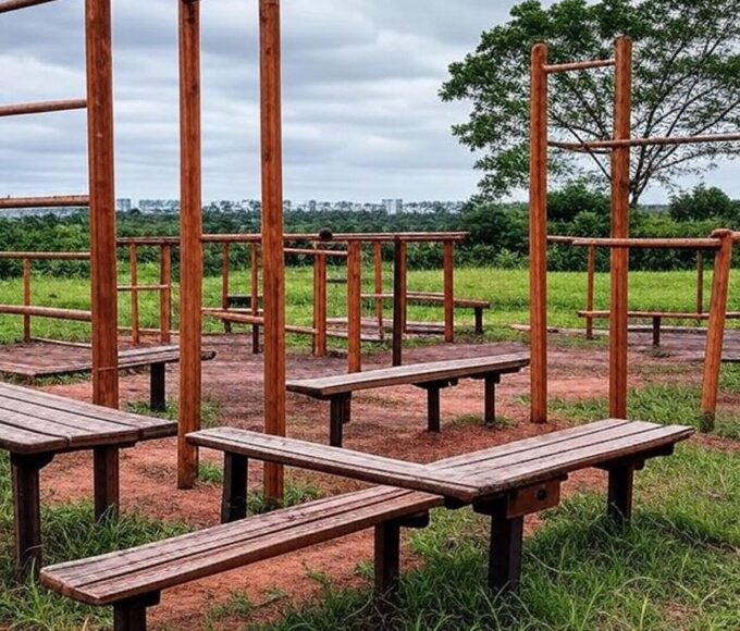 Academia ao ar livre abandonada em parque de Brasília, representando lei de academias para idosos criticada como vazia e tardia.