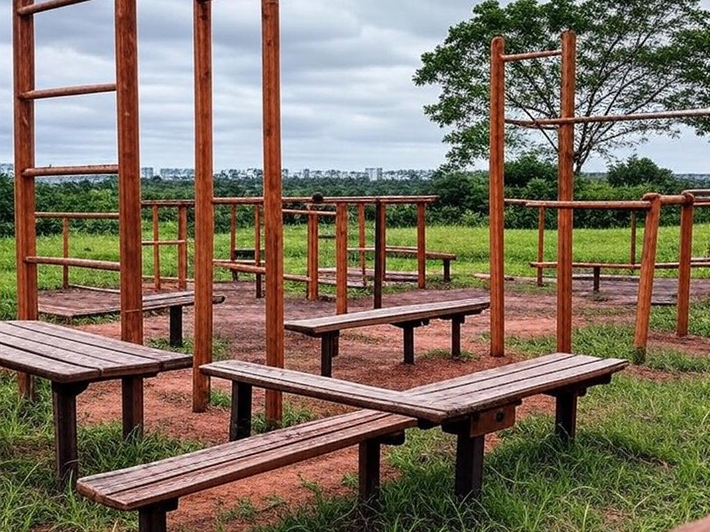 Academia ao ar livre abandonada em parque de Brasília, representando lei de academias para idosos criticada como vazia e tardia.