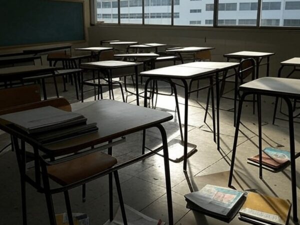 Sala de aula vazia e desorganizada em escola pública de Brasília, ilustrando instabilidade na educação do DF após aprovação de extensão de mandatos.
