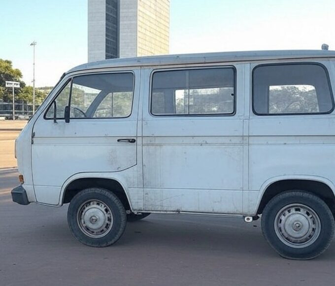 Van escolar irregular em rua de Brasília, com sinalização do Detran-DF e Congresso Nacional ao fundo.