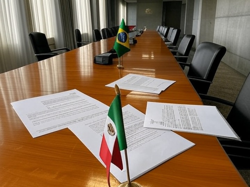 Sala de conferência em Brasília com bandeiras do Brasil e México, simbolizando debate sobre cooperação educacional e críticas à falta de transparência.
