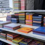 Prateleira de papelaria em Brasília com materiais escolares e etiquetas de preços reajustados, representando pressão financeira em famílias no DF.