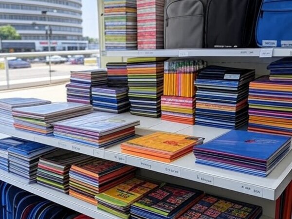 Prateleira de papelaria em Brasília com materiais escolares e etiquetas de preços reajustados, representando pressão financeira em famílias no DF.