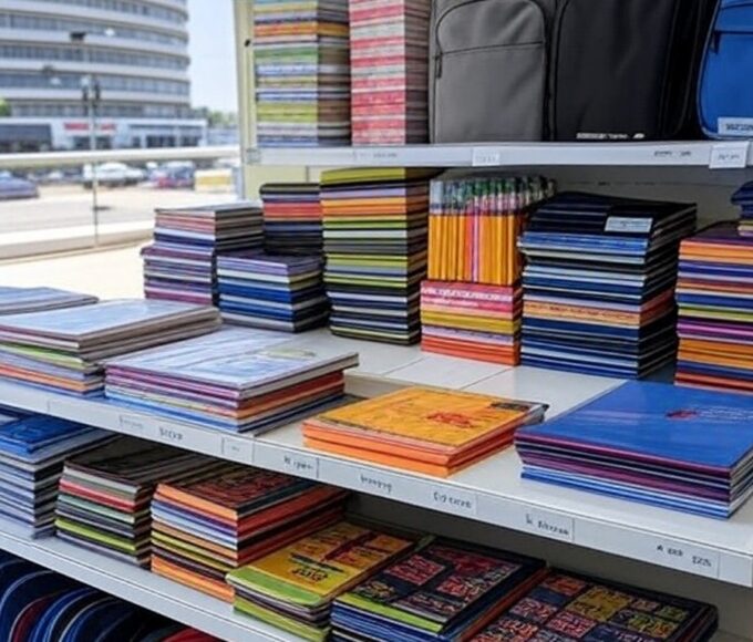 Prateleira de papelaria em Brasília com materiais escolares e etiquetas de preços reajustados, representando pressão financeira em famílias no DF.