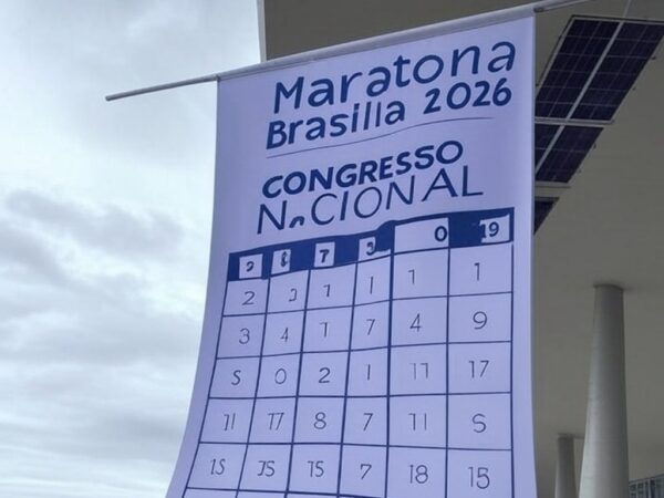 Banner de inscrições para Maratona Brasília 2026 no Eixo Monumental, com promessas de inovação mas sem data definida.