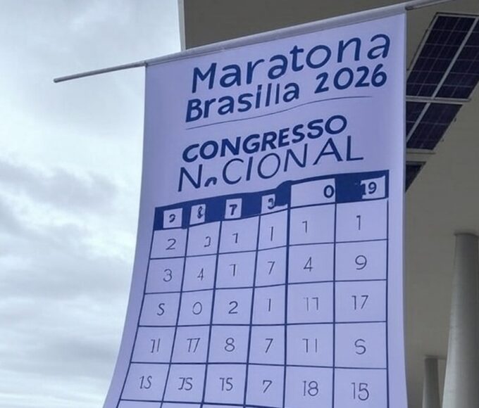 Banner de inscrições para Maratona Brasília 2026 no Eixo Monumental, com promessas de inovação mas sem data definida.