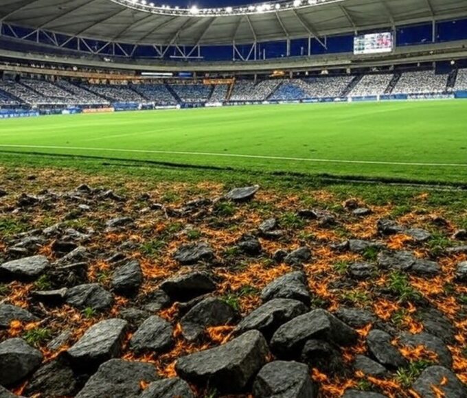 Estádio de futebol em Brasília com placar de vitória apertada do Gama no Candangão 2026.